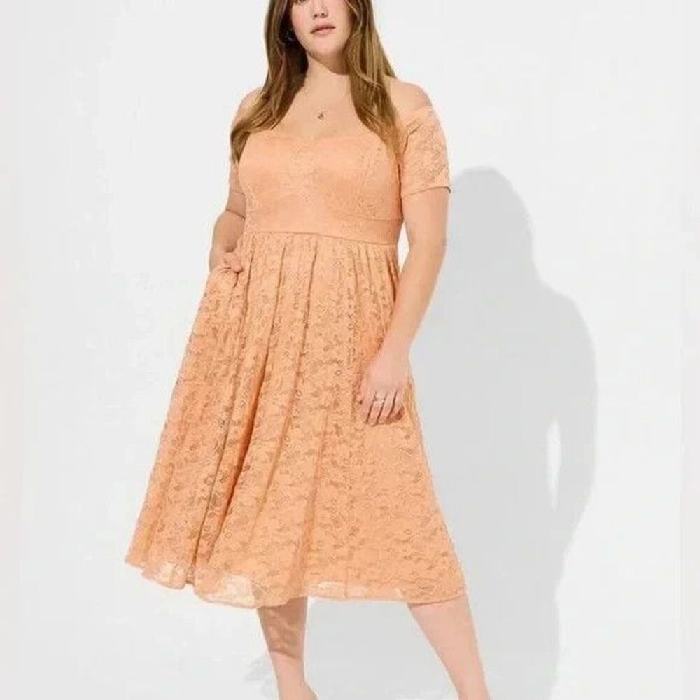 Torrid Women's Midi Lace Off Shoulder Skater Dress Size 4X (26) Peach Bloom